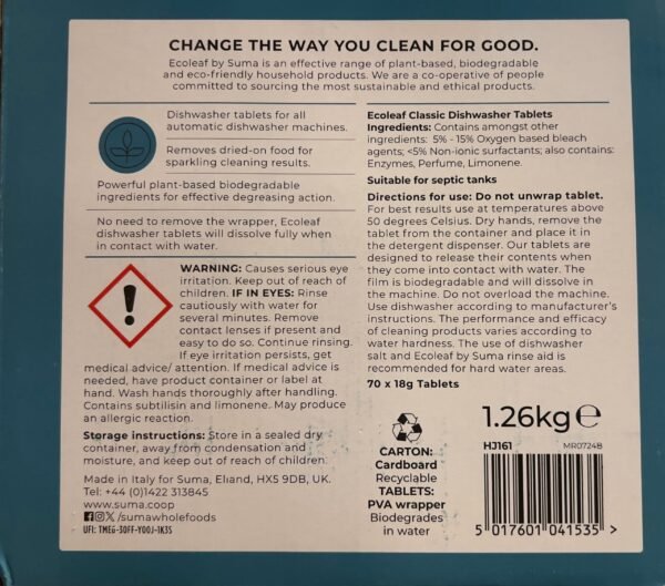 Ecoleaf dishwasher tablets box - reverse