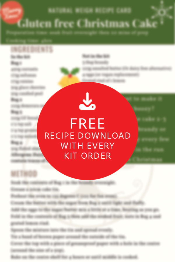 Free Download of Gluten Free Christmas Cake Recipe with every kit order