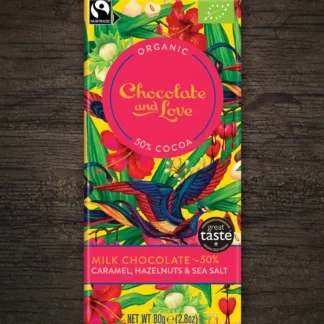 Chocolate and Love organic 50% cocoa caramel, hazelnuts and sea salt milk chocolate bar.