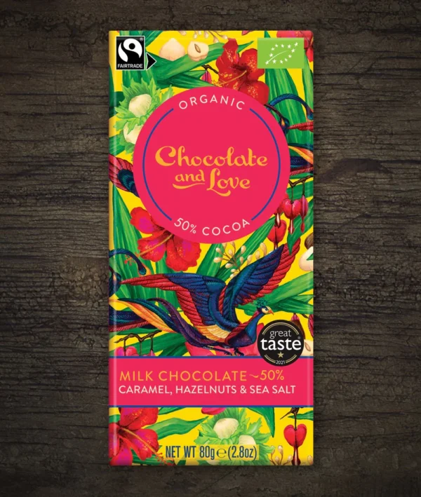 Chocolate and Love organic 50% cocoa caramel, hazelnuts and sea salt milk chocolate bar.