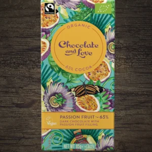 Chocolate and Love organic 65% cocoa passion fruit dark chocolate bar.