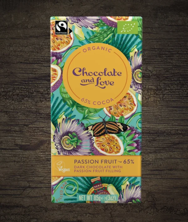 Chocolate and Love organic 65% cocoa passion fruit dark chocolate bar.