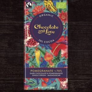 Chocolate and Love organic 70% cocoa pomegranate dark chocolate bar.