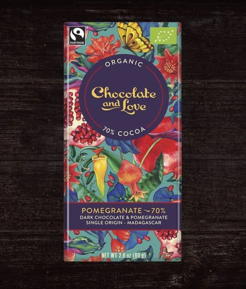 Chocolate and Love organic 70% cocoa pomegranate dark chocolate bar.