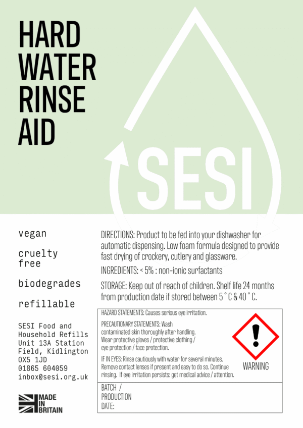 SESI Hard water rinse aid label