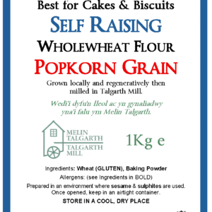 Self Raising wholemeal Flour 1KG Bag label. Popkorn grain