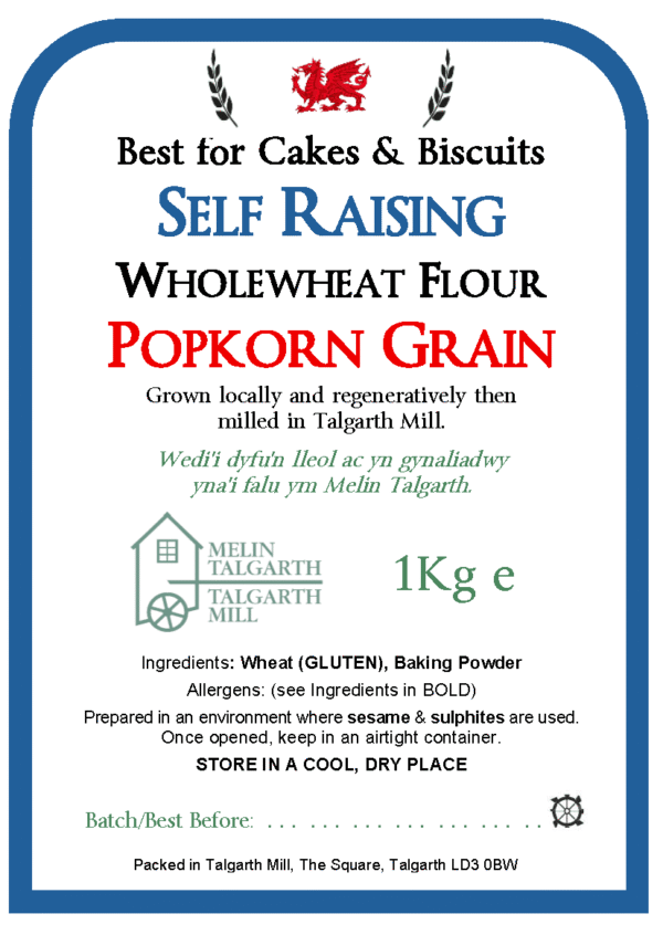 Self Raising wholemeal Flour 1KG Bag label. Popkorn grain