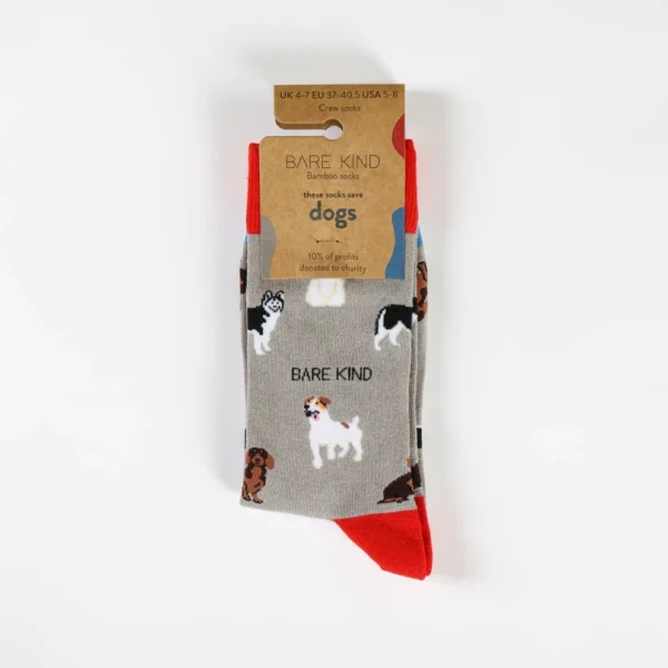 Grey dog socks in packaging